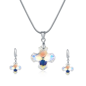 Austrian Crystal Cross Necklace Earrings Set With 925 Sterling Silver Earring Post Aurora AB Jewelry Set For Women Gift