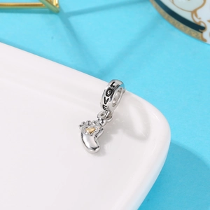 Silver baby footprint charm with golden heart and LOVE engraving for DIY bracelets