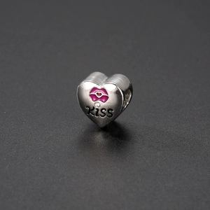Silver heart charm bead with red kiss pattern and KISS engraving for DIY bracelets