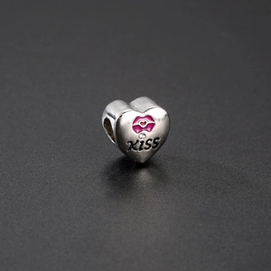 S925 silver heart charm with pink kiss lips, zircon stone, and engraved kiss lettering