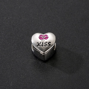 Silver heart-shaped kiss bead charm with pink lips and cubic zirconia for DIY bracelets