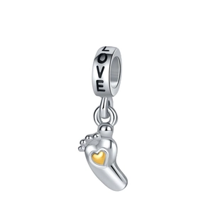 Silver baby footprint charm with golden heart detail and LOVE engraving for DIY jewelry