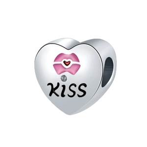 Silver heart charm with pink kiss lips and sparkling crystal for DIY bracelets
