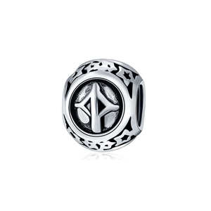 Silver zodiac charm bead with star patterns and geometric rune design for DIY jewelry
