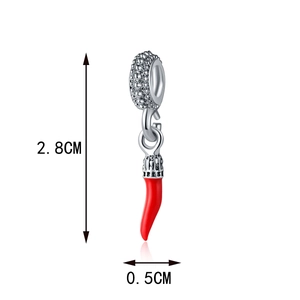 Detailed view of red chili pendant charm in 925 silver with dimensions of 2.8cm by 0.5cm