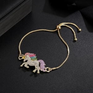 Detailed close-up of adjustable unicorn bracelet with colorful crystal rhinestones