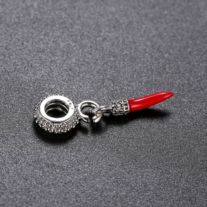 S925 sterling silver red chili pendant charm with beaded barrel bead for DIY jewelry