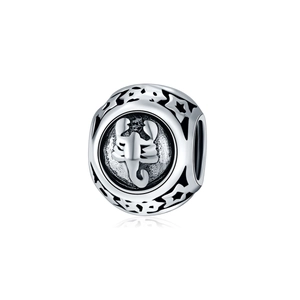 Detailed macro view of retro silver scorpion charm bead with hollow star patterns
