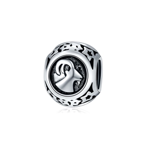 Silver zodiac charm bead with embossed ram head and hollow star details on the sides