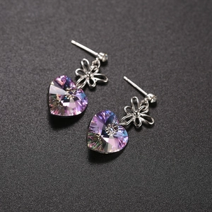 Silver heart-shaped crystal earrings with delicate flower design for women