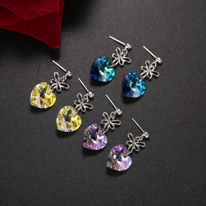 Vintage Heart Austrian Crystal Dangle Earrings With 925 Sterling Silver Earring Post Sweet Hollow Flower Drop Earrings