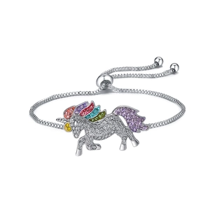 Adjustable Unicorn Bracelet With Rainbow Rhinestones Stainless Steel Chain Alloy Animal Pendant Jewelry For Kids Girls Gift