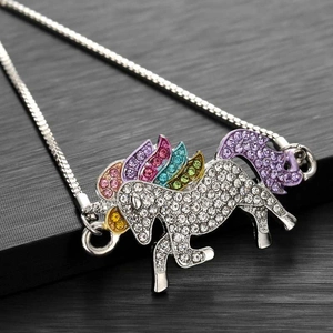 Sparkling silver unicorn necklace with colorful rhinestones on a sleek snake chain