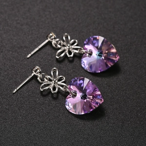 S925 silver vintage earrings with purple heart crystal and flower pendant detail