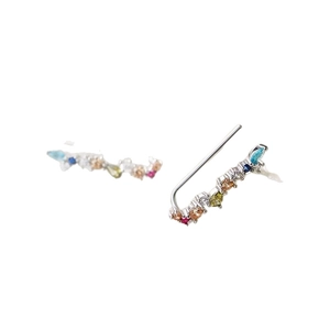 Detail view of colorful zircon ear climber earrings with silver finish and hook back