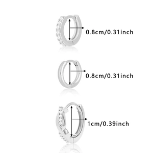 Three-piece set of silver hoop earrings with 0.8cm diameter and sparkling cubic zirconia stones