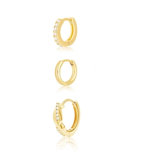 Three-piece gold-plated earring set with pink zircon, smooth band, and twisted crystal hoops