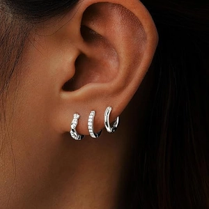 Three-piece S925 sterling silver huggie hoop earrings set with twisted and zircon styles