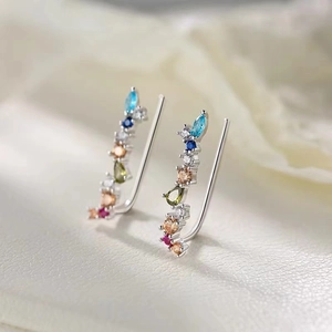 Minimalist silver ear crawlers with vibrant irregular colorful zircons for women