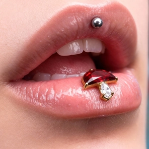 Fashionable mushroom lip stud set with red ruby crystal and silver ball piercing jewelry