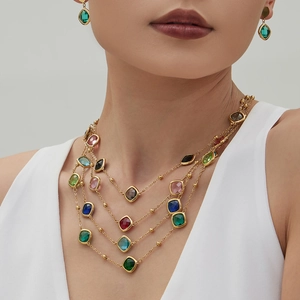 Elegant multi-layer gold necklace set with colorful faceted stones and emerald drop earrings