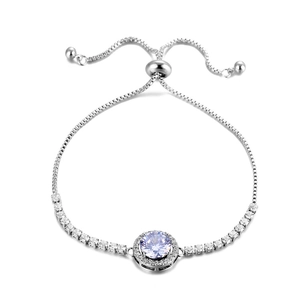 Detailed view of adjustable silver bracelet with round lavender zircon and cubic zirconia