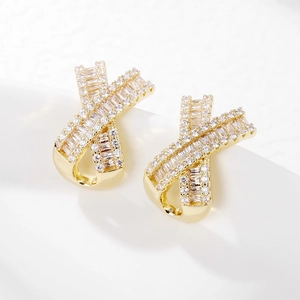 Fashion Geometric X-Shaped Cross Stud Earrings Copper Pave Rhinestone Baguette Round Stone Simple Jewelry For Women Gift