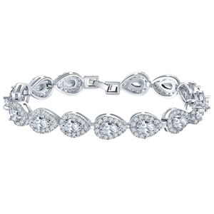 Elegant silver pear-shaped cubic zirconia bracelet with halo settings and secure box clasp