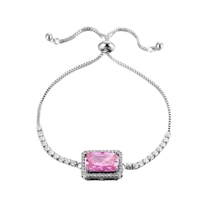 Elegant silver-toned adjustable bracelet featuring a rectangular pink zircon stone