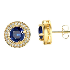Orecchini a perno tondi halo classici con zirconia blu scuro con montatura dorata
