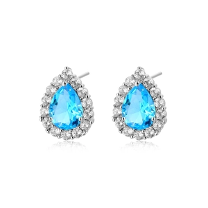 Boucles d'oreilles poire en zircon bleu ciel avec halo micro-pave en argent 925