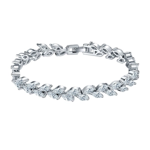 Elegant silver leaf bracelet with marquise-cut white zircon stones and clasp closure
