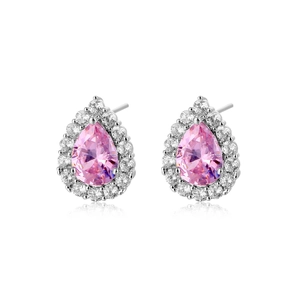 Boucles d'oreilles poire en pierre rose avec un halo de zircons cubiques sertis