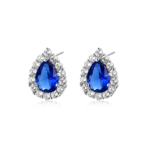 Boucles d'oreilles élégantes avec zircon bleu taille poire et finition halo argentée