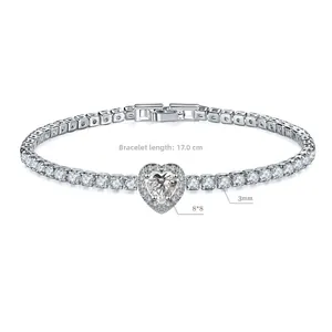 Detail view of heart tennis bracelet with 17.0cm chain and 8*8mm heart zircon pendant