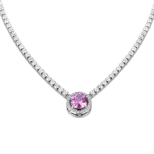 Magnifique collier rivière argenté avec pendentif en pierre rose ronde et diamants étincelants