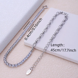 Copper necklace with silver finish, cubic zirconia tennis chain, and handmade tag detail