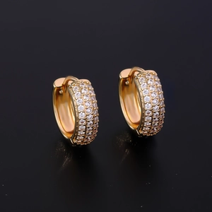 Men's hip hop gold hoop earrings featuring three rows of micro-pave cubic zirconia crystals