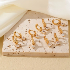 Minimalist gold hoop earring set with heart star square cubic zirconia charms on stone