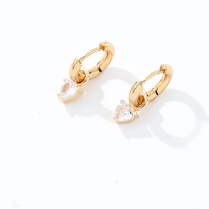 Elegant gold heart drop hoop earrings with transparent cubic zirconia stones on white back