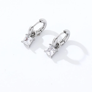 Elegant silver earrings with square-cut clear zircon pendants in a minimalist hoop design