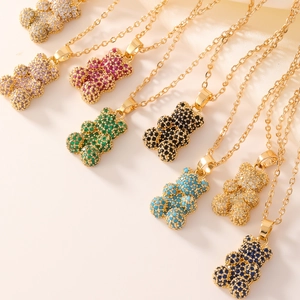 Fashion Copper Gold Plated Bear Pendant Necklace For Women Micro Inlaid Colorful Zircon Sweet Animal Jewelry Gift For Her