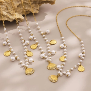 Elegant 18k gold plated stainless steel pearl shell necklaces with zircon accents