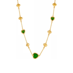 Gouden roestvrijstalen hartjesketting met groene glazen steen en massieve bedels