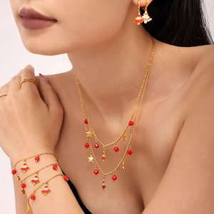 Stainless Steel Christmas Jewelry Set Red Enamel Tree Star Pendant Necklace Bracelet Earrings For Women Holiday Party Gift