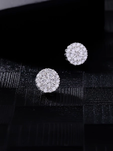 Macro detail showing round cluster cubic zirconia stud earrings with micro-pave setting