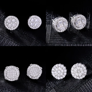Men Hip Hop Round Stud Earrings Copper Inlaid Zirconia Silver White K Dainty Bling Sparkling Jewelry Earring Accessory Gift