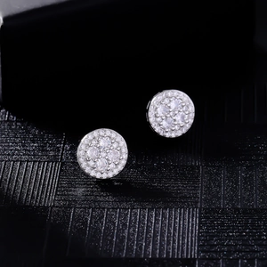 Luxury silver round stud earrings with pave-set cubic zirconia for men in hip hop style