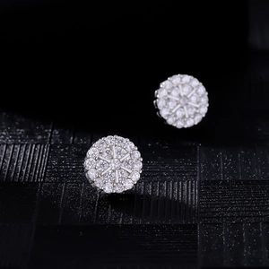 Sparkling silver round cluster stud earrings for men with micro zircon stones
