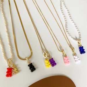 Bear Pendant Necklace Titanium Steel Freshwater Pearl Double Layer Sweet Cool Hip Hop Jewelry For Women Girls